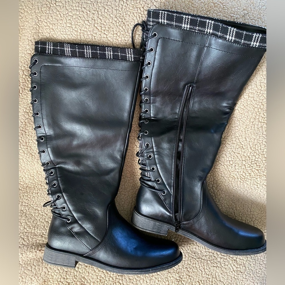 JustFab Lace Back Plaid Trimmed Knee High Black Boots, Size: 8